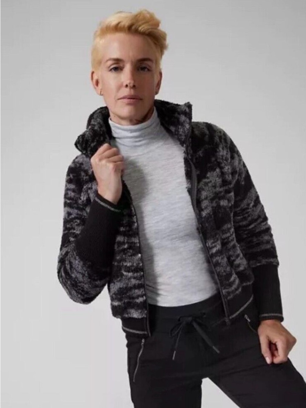 Athleta Black/Gray Tugga Camo Sherpa Faux-Fur Bomber Jacket - 1X